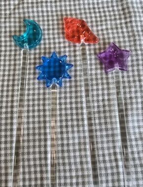 Set Of 4 Star, Moon, Sun & Shell Drink Stir Sticks - Blue, Purple, Red, Teal